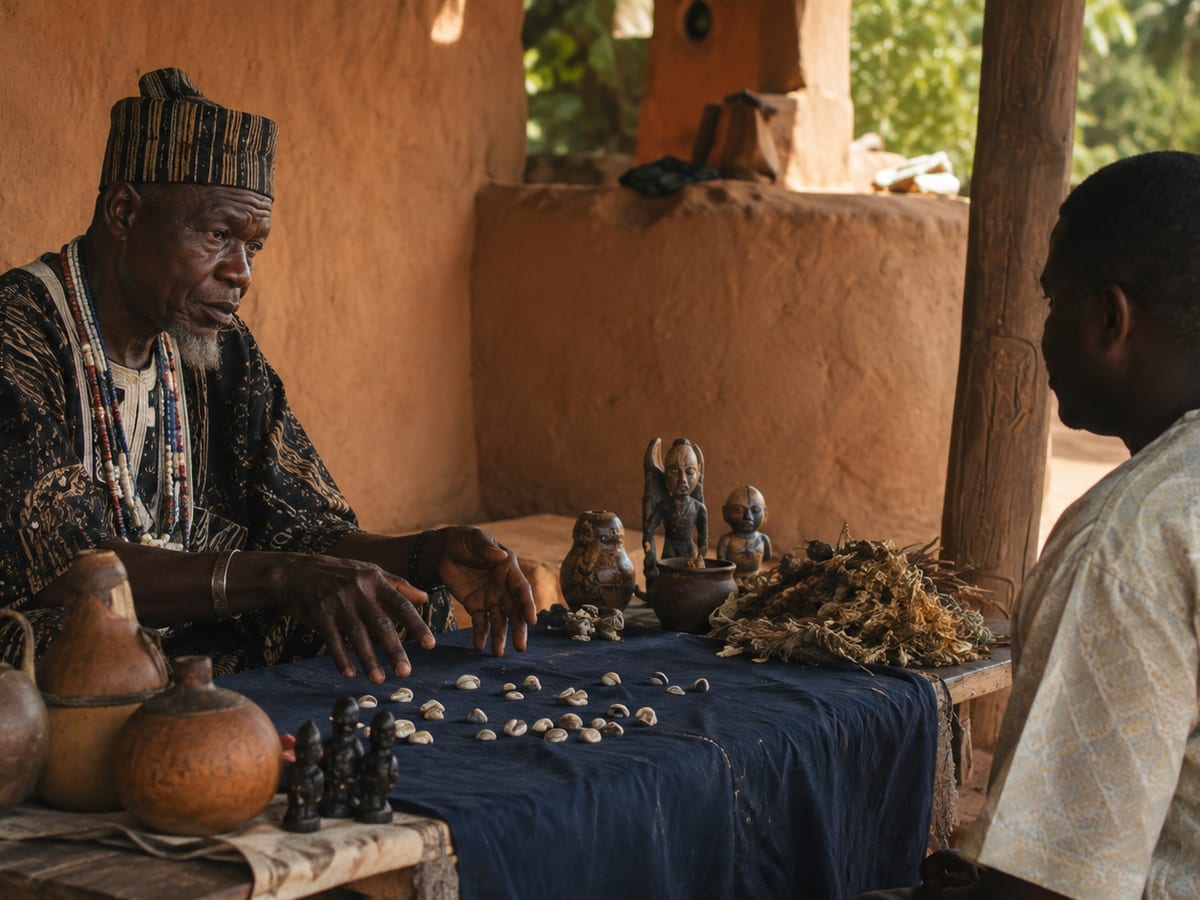 Consultation traditionnelle : lecture des cauris jetés sur une étoffe indigo