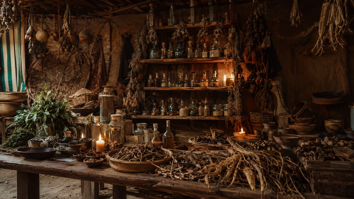 Racines séchées, bougies et fioles sur un long établi dans un atelier obscur