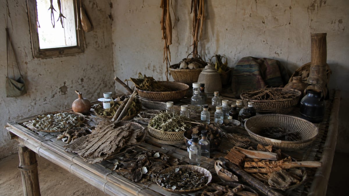 Table d'herbes séchées, fioles et paniers dans un atelier traditionnel