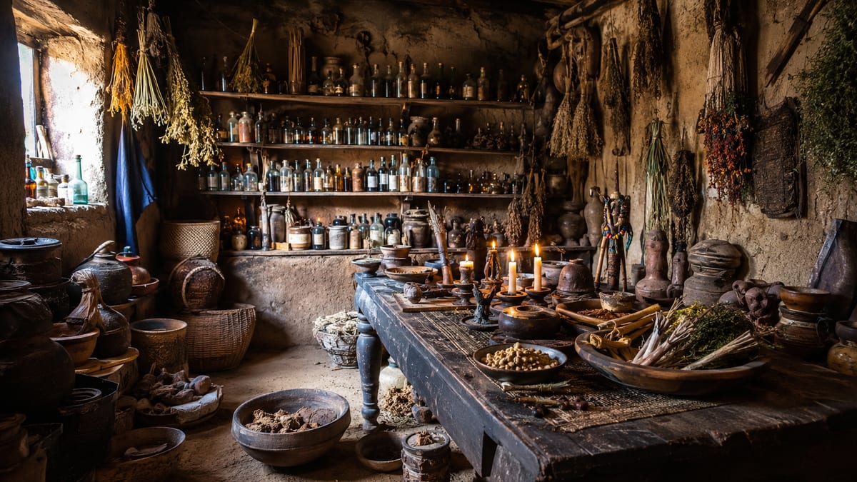 Atelier traditionnel aux bougies allumées, fioles anciennes et statuettes sur une table de travail