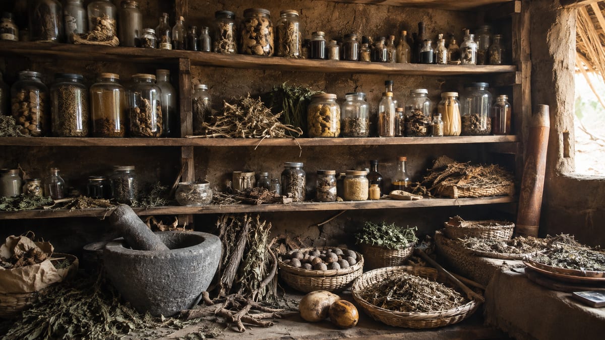 Étagères de bocaux d'herbes et mortier de pierre dans une réserve traditionnelle
