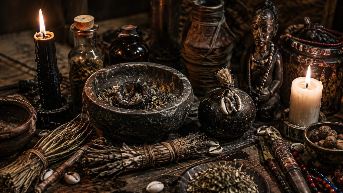 Autel de rituel : bougies allumées, mortier d'herbes, cauris et statuette de bois